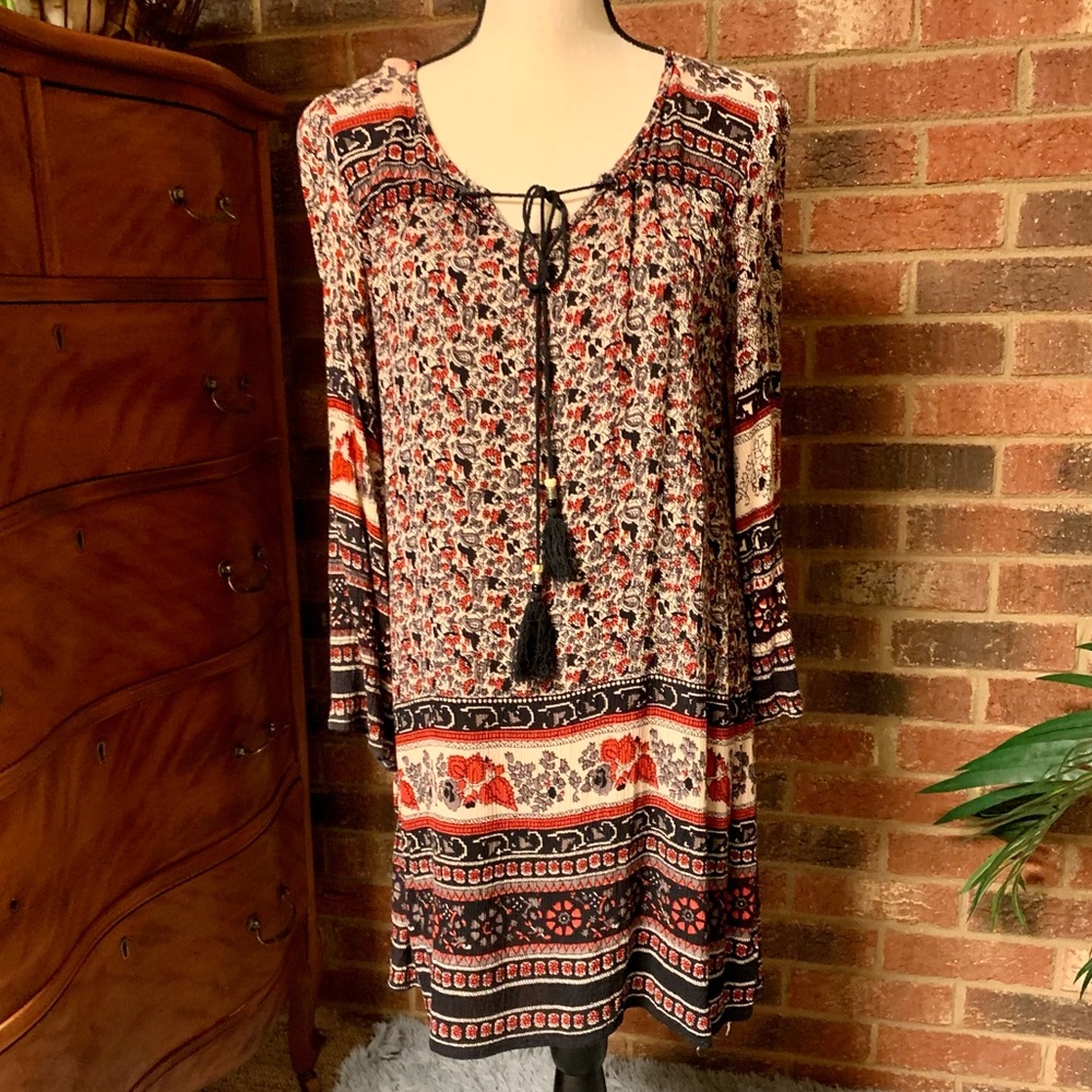 ANGIE Women’s Red Black Floral Tassel Tie V Neck Boho Long Sleeve Dress